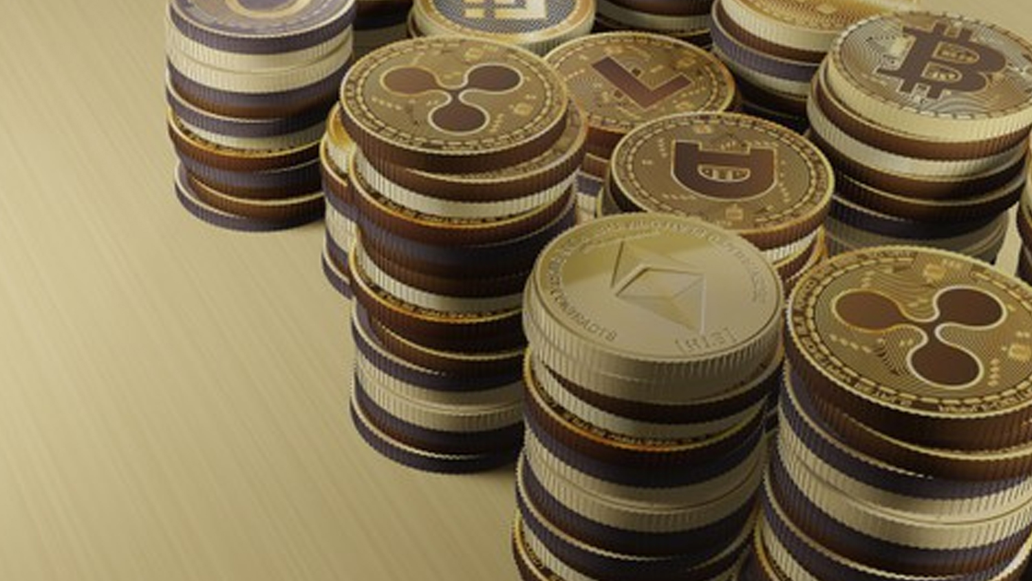 piles of physical gold coins with various crypto logos embossed on them fill up half the image on the right