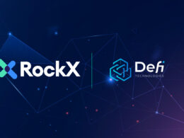 RockX and DeFi Technologies logo in front of a dark purple starry backdrop