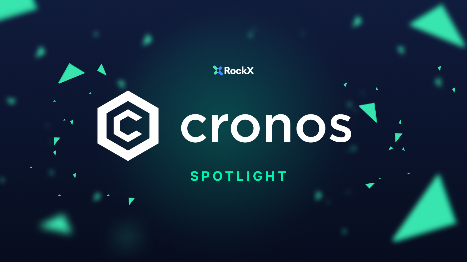 A dark green background with lighter green triangle elements surrounding the Cronos logo with the word "spotlight" beneath it. Above the Cronos logo is the RockX logo.