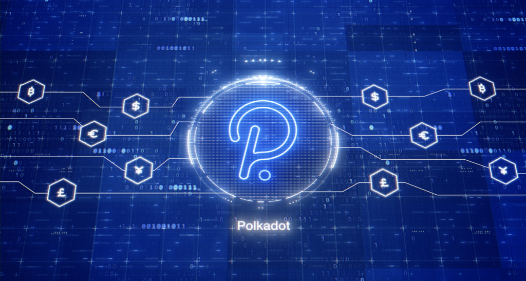 An image of a digital Polkadot logo against a dark blue background