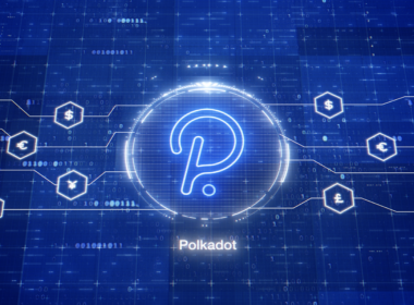An image of a digital Polkadot logo against a dark blue background