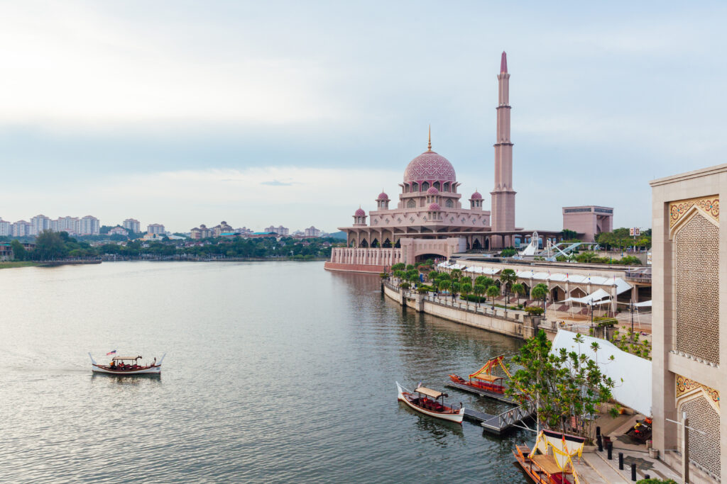 Beautiful pink Putra Mosque at sunset, Putrajaya, Malaysia