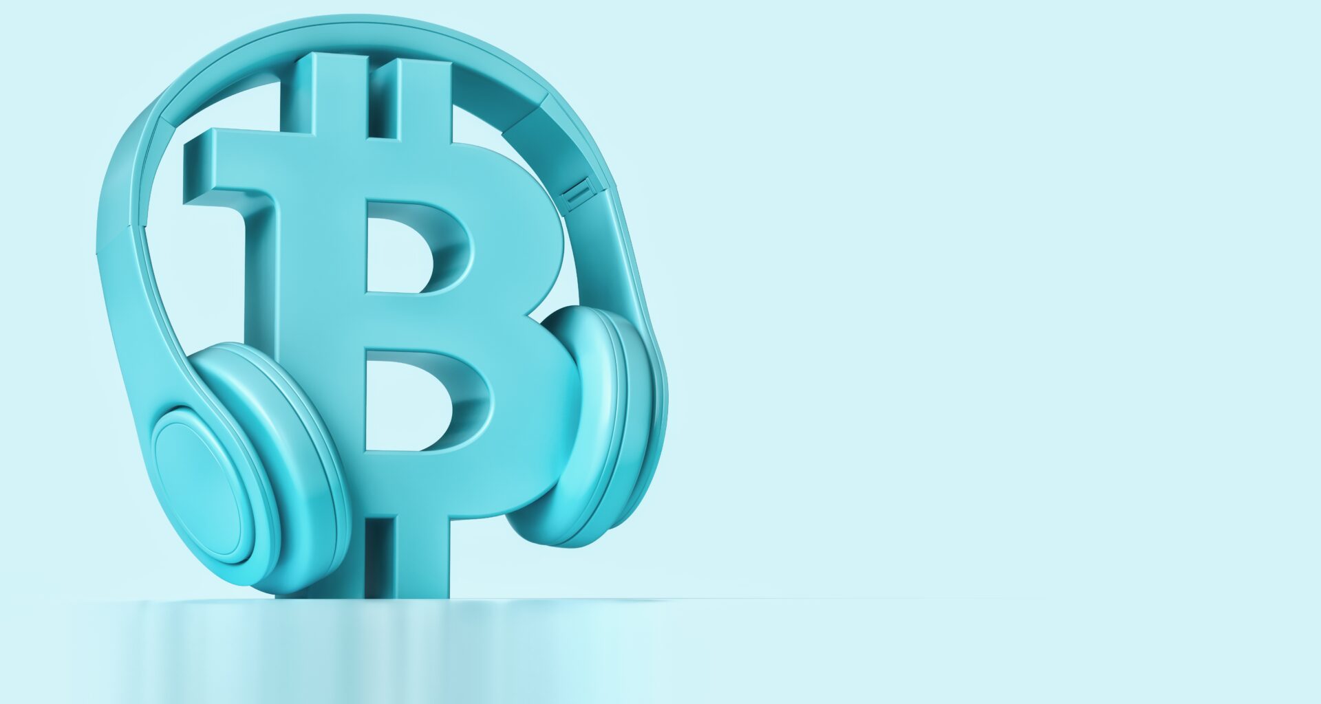 A blue 3D rendered Bitcoin logo with blue headphones on it.
