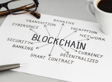 Blockchain concept. Paper sheet with ideas or plan, cup of coffee and eyeglasses on desk