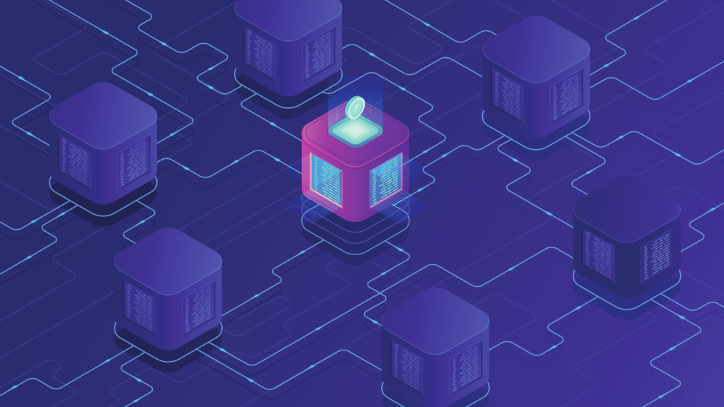 A purple image of six purple blocks surrounding a central block that is glowing. This image represents the ecosystem in a blockchain.