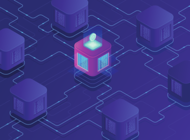 A purple image of six purple blocks surrounding a central block that is glowing. This image represents the ecosystem in a blockchain.