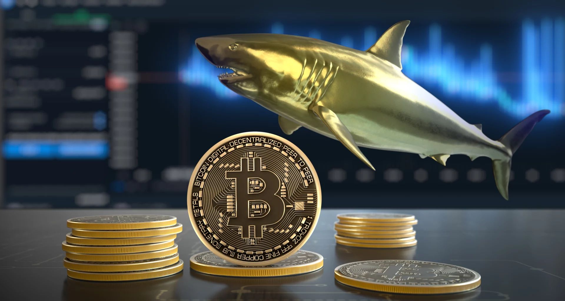 a pile of gold bitcoins in the foreground with one facing you, and a gold shark in the background along with an image of a financial chart