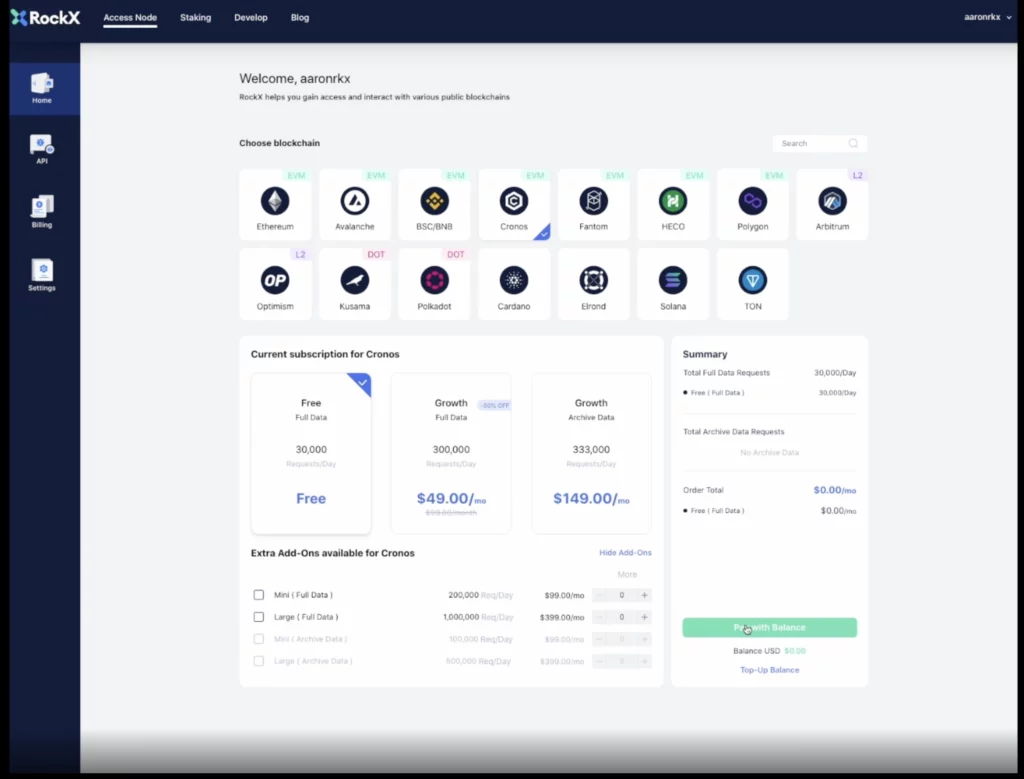 The blockchain selection screen. The top reads "Welcome, User's name", and right beneath it, users can select which blockchain they would like access to. Once a blockchain has been selected, options for subscription plans appear. There is a free plan and two growth plans - one for $49 a month, and another for $149 a month. On the right of this selection section is a summary section along with payment buttons.