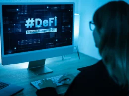 A woman at a computer with the text "#DeFi" written on the screen.